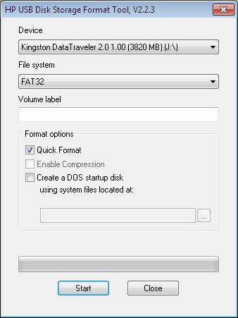 Форматирование USB-накопителя с помощью инструмента форматирования диска USB HP